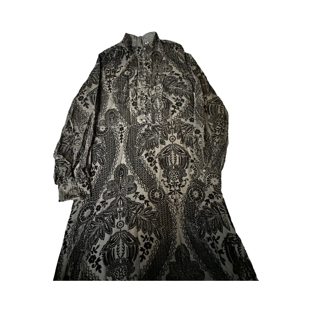 Anewsta Maxi Dress Womens L Black Grey Damask Flocked Velvet High Neck Long